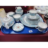 Wedgwood "Florentine" Turquoise Teapot, dinner plate, four cups, four saucers, four side plates, two