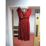 A 1950's Vintage Cocktail Dress, in figured red satin, fitted sheath style with draped collar and