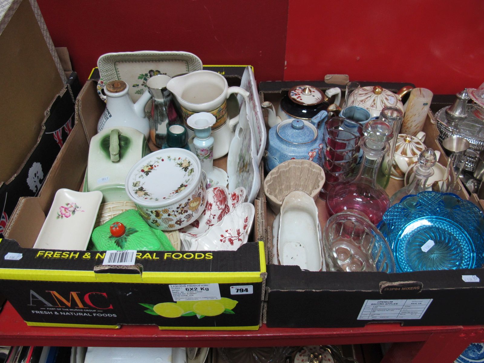 Clear and Coloured Glassware, including dishes, jelly mould, decanter, together with Sadler