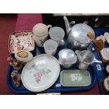 Picquot Wade Three Piece Tea Set, Arora owl, Hummel figure, Masons, Doulton, etc:- One Tray