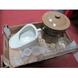 XIX Century Pottery Slipper Bed Pan, Stoneware bread crock, moulded glass tray, candlesticks, ring