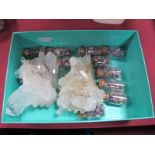 Two Quartz Crystal Specimens, 12.5cms and 9cms long; Ten Miniature Cork Stoppered Jars, containing