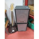 A Burswood Electric Six String Guitar, in black and a pair of Ibiza sound speakers. (3)