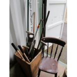 A XIX Century Elm Bar Back Kitchen Chair, and a quantity of garden tools, including 'D' handles.