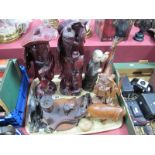 Two Carved Oriental Hardwood Figures, African smokers stand, carved elephants, etc;- One Tray