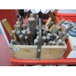 Quantity of Turned Wooden Handled Tools, probably woodworkers and tanners, in copper handled carry
