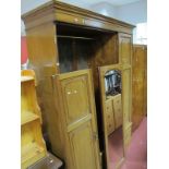 Edwardian Inlaid Mahogany Triple Wardrobe, with stepped pediment, shaped bevelled mirror to