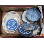 Willow Pattern Blue and White Plates, meat plate, border decorated with flowers, etc:- One Box