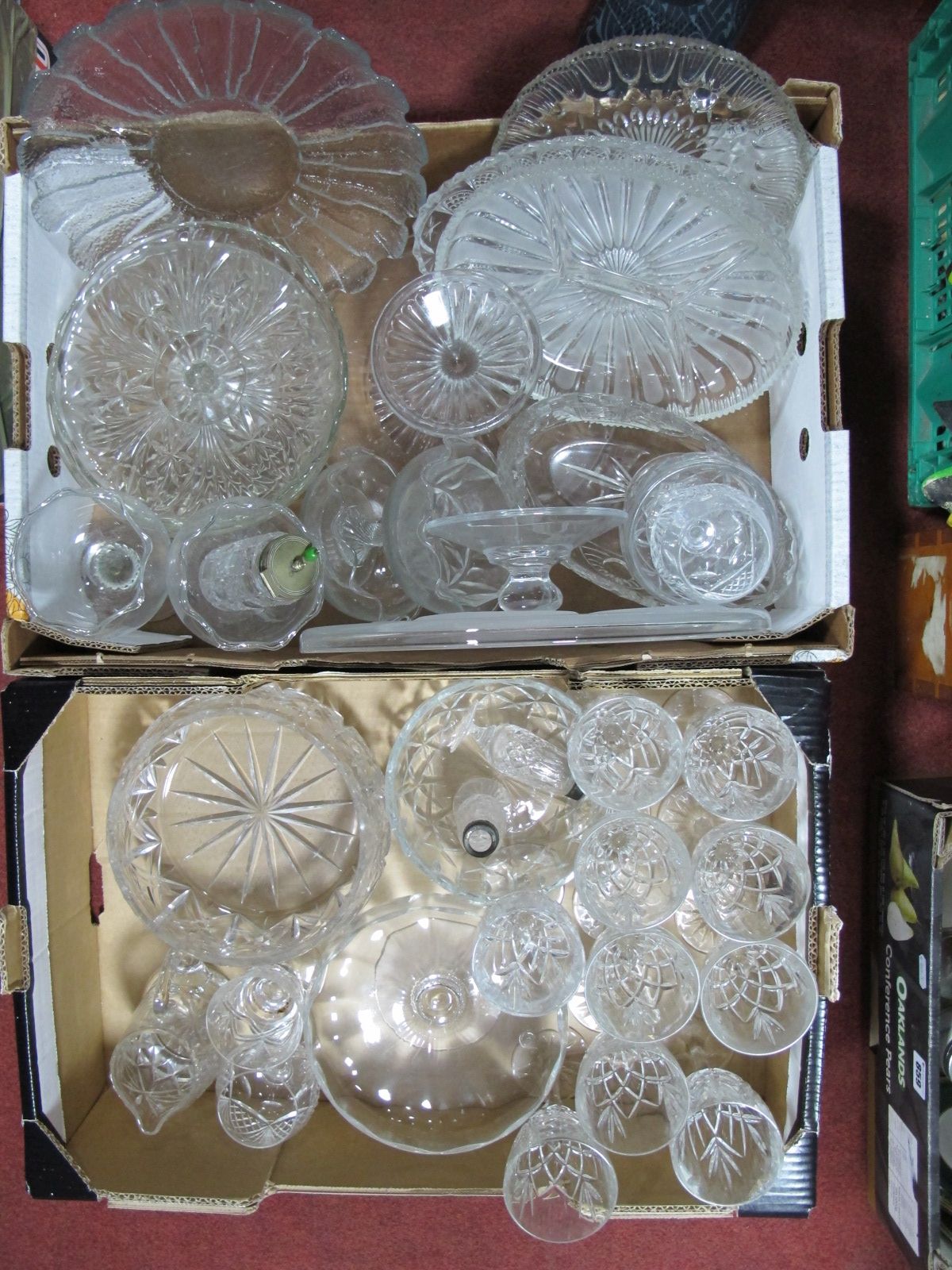 Dartington Tazza, cut glass fruit bowl, drinking glasses, etc:- Two Boxes