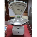 A Set of Mid XX Century White Enamel Avery Shop Scales, fan display to weigh 2lb, within tray.