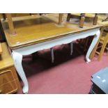 An Oak Topped Rectangular Draw Leaf Kitchen Table, on painted legs.