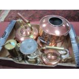 Small and Regular Brass Miners Lamps, copper tea urn, kettles, plated teapot on stand, etc:- One Box