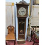 1920's Oak Cased Grandmother Clock, with black Roman numerals to silvered dial, Westminster chimes