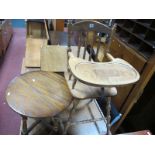 Circular Topped Oak Copper Table, and childs high chair. (2)