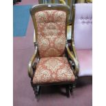 XIX Century Mahogany Rocking Chair, with curved top rail, scroll hand rests, turned supports,