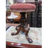 XIX Century Mahogany Piano Stool, with fluted baluster, tripod legs (one repaired), stamped No. 7090