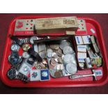 Watches, to include Everite, Citizen, Addidas, coinage, tea cards, dominoes, badges, etc:- One Tray