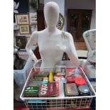 Shop's Display Torso, with fabric covering, crate of tins.