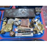 XIX Century Oak Glove Box, with mounts, minerals, Summit fountain pen with 14ct nib, etc:- One Tray