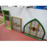 Green Painted Framed Wall Mirror, and two leaded glass window lights. (3)