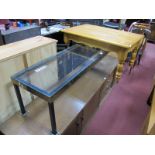 Italian Style Brass and Iron Elongated Coffee Table, with glass top, another in pine.