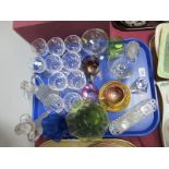 Cranberry Etched Tumbler, oil bottles, coloured glass vases, drinking glasses, etc:- One Tray