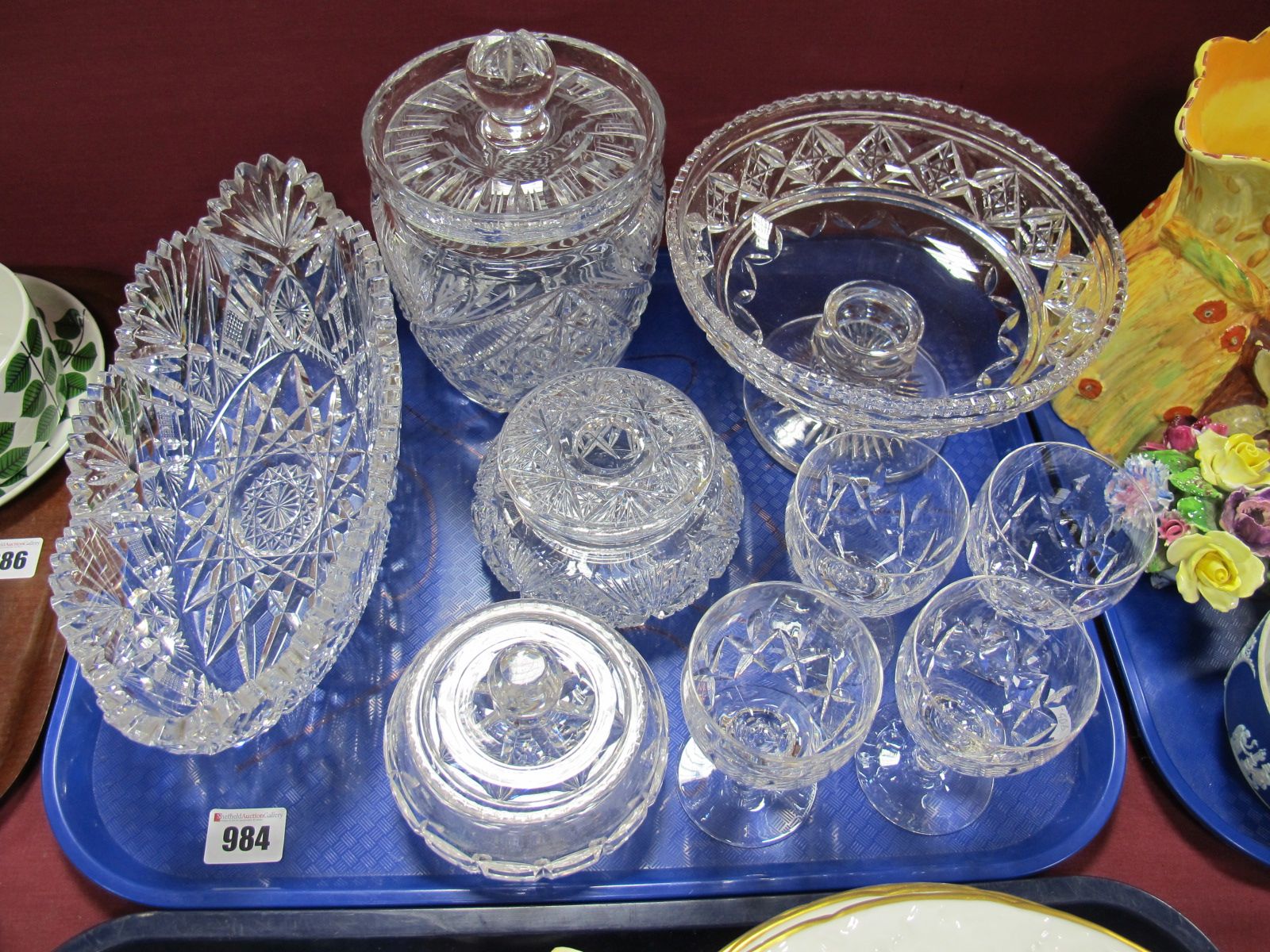 Cut Glass Oval Bowl, Stuart pedestal dish and wines, biscuit barrel, etc:- One Tray