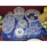 Cut Glass Oval Bowl, Stuart pedestal dish and wines, biscuit barrel, etc:- One Tray