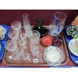 Caithness 'Inferno' and 'Moonflower' Paperweights, 'Spring' and dolphin vases, glassware:- One Tray