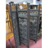 Eastern Hardwood Three Fold Screen, with pierced vine carving to panels, 147.5cms high.