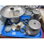An Electroplated Pedestal Bowl, teapot, water jug. napkin rings, costume brooches, etc:- One Tray
