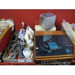 A Dynatron SRX-26 Turntable, a Sanyo mini CD system, tools, table lamp bases, indoor/ outdoor