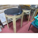 A Pair of Pub Tables, with circular tops, light oak supports and with undertiers.