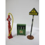 A Pre War Britain's AA ' Dangerous Corner SIgn'. a Britains Oil Stand and an Air Pump, Possibly T+B