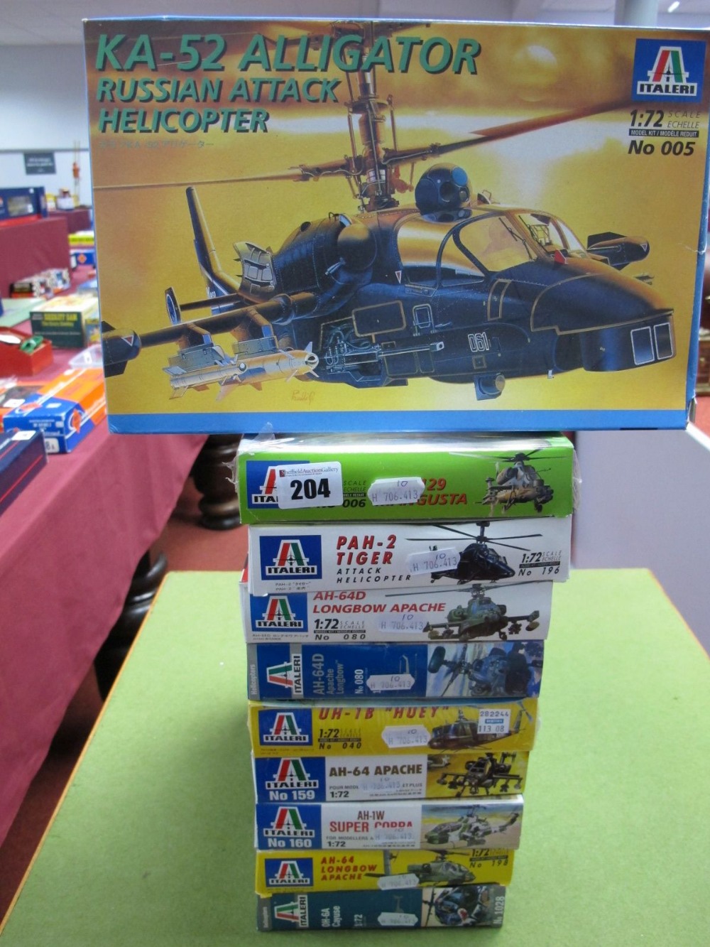 Ten Boxed Italeri 1:72nd Scale Plastic Helicopter Kits, including AH-64D Apache Longbow and UN-1B '