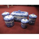 Spode Italian Design Rectangular Bread Crock, and four cylindrical kitchen storage jars.