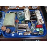 Opera Glasses, Fountain pens, Dominoes, Travelling Ink Well, etc :- One Tray