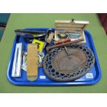 Micrometer, AA badges, Rabone rule, iron bridge, etc:- One Tray