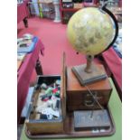 Sewing Implements in Walnut Box, terrestrial globe, mahogany tray etc.