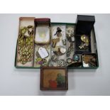 Assorted Costume Jewellery, including "Trinkets" box, beads, brooches, thimbles, chains, etc.