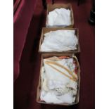 Quantity of Crochet Edged Linens, tablecloths, damask, embroidery etc:- Three Boxes