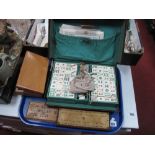 Mah Jong Set in Leather case, turned wooden chess set, crib boards. One Tray