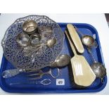 Hallmarked Silver Tea Strainer, napkin rings, Chinese tea strainer, pedestal cake stand, brushes,