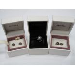 Pandora Modern Stud Earrings, stamped "925" "ALE"; together with a Pandora fairytale carriage charm,