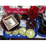 Venetian Ruby Glass Bowl and Ashtray , Chinese yellow dishes with covers, etc :- One Tray