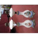A Pair of Late XIX Century Oil Lamps, (lacking chimneys and shades) the white opaque glass
