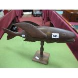 A Santa Islands Hand Carved Model Fish, open mouth with teeth, the winged fins stamped 'Souvenir