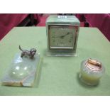 Green Onyx Rectangular Elliott Mantel Clock, green onyx ashtray with attached cold painted dog,