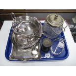 Decorative Glass Biscuit Barrel, hallmarked silver five bar toast rack, dish, tray, medicine glass