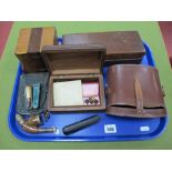 Edward VII Enamel Badge, Sheffield Transport buttons, binoculars, oak cigarette box, etc:- One Tray